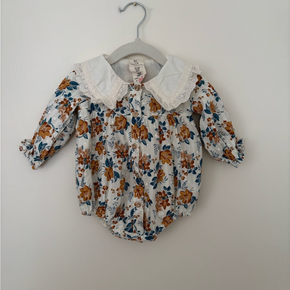 Baby Floral One-Piece with Lace Collar - White & Mustard